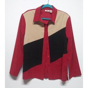 Womens Shirt Jacket Shacket Sz 16 suede-finish Red Black beige STRETCH Alia EUC